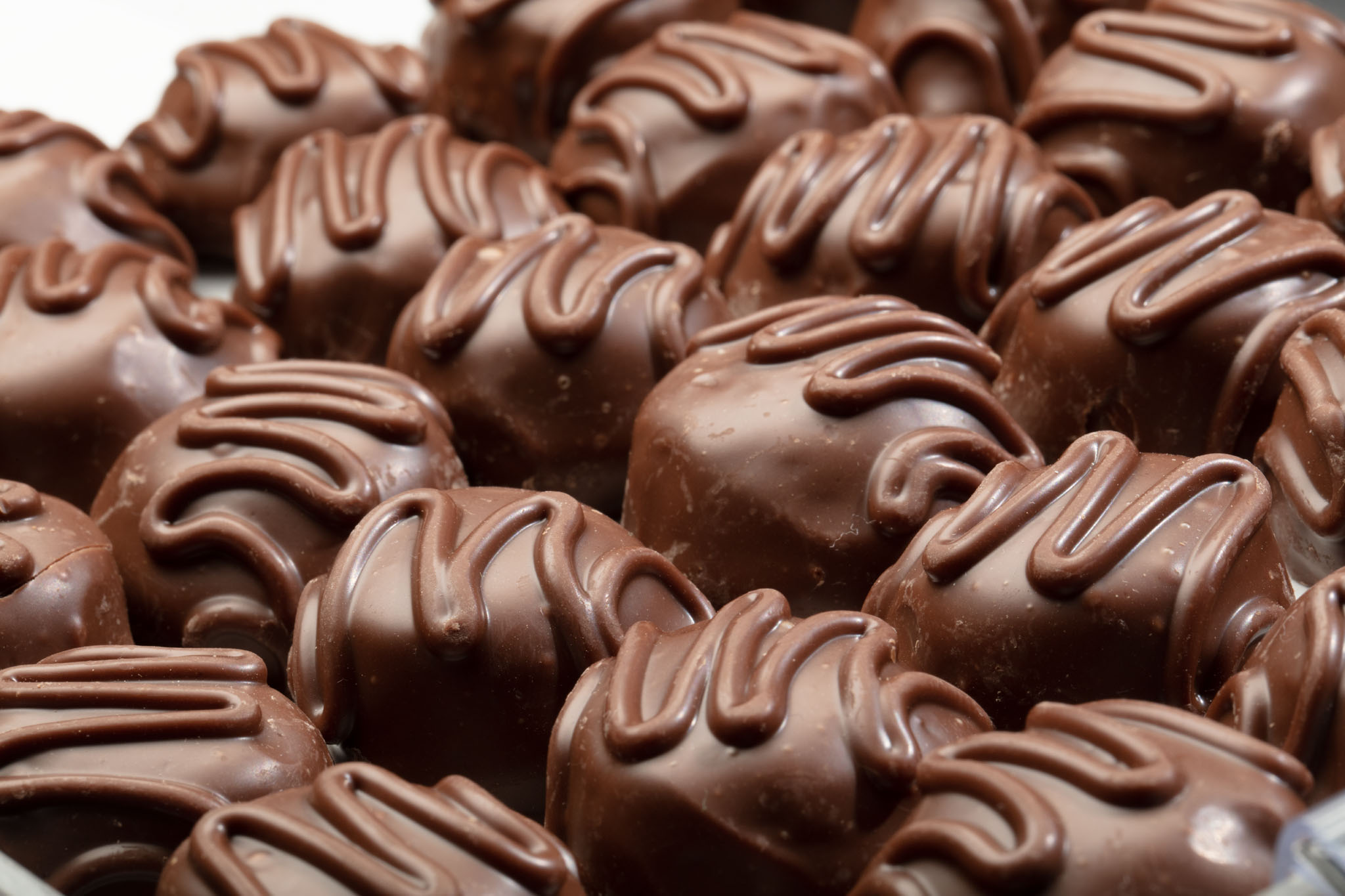 Close-up of chocolate truffles with a chocolate drizzle across the tops