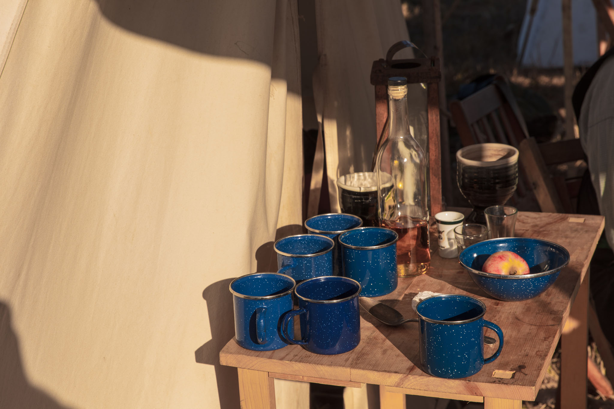 Blue enamel cups and a bowl of apples on a camp table