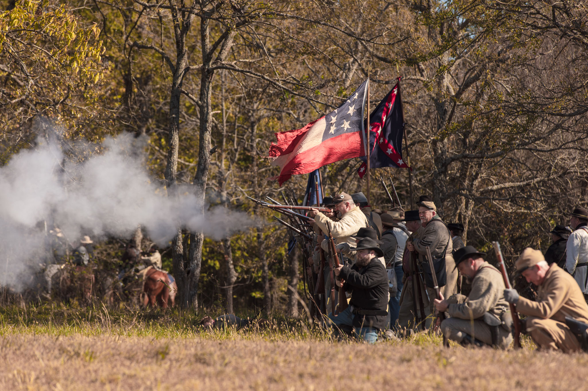 Confederate line firing from the tree line beneath their flags