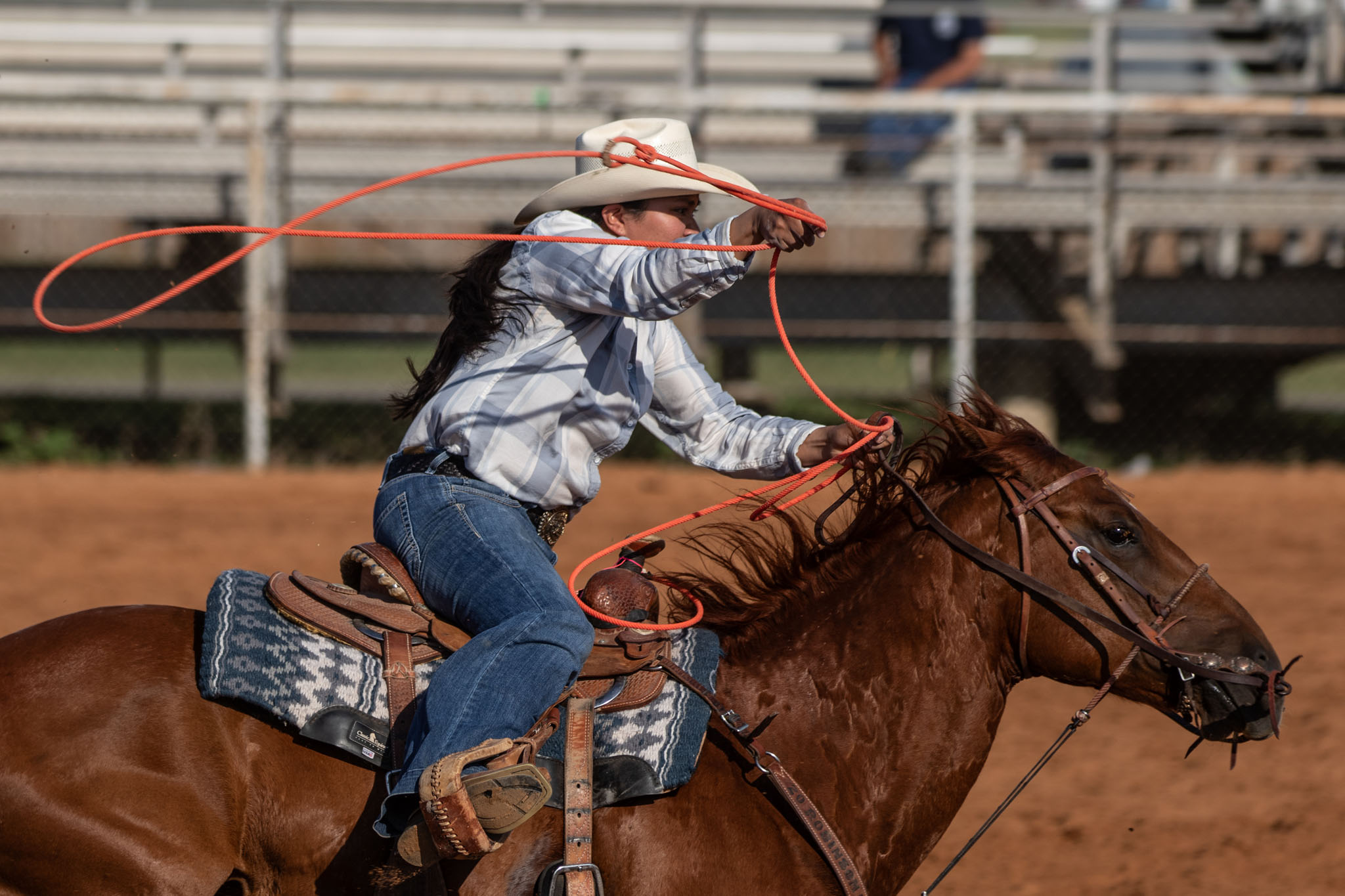 Cowgirl swinging a loop on horseback in the roping event