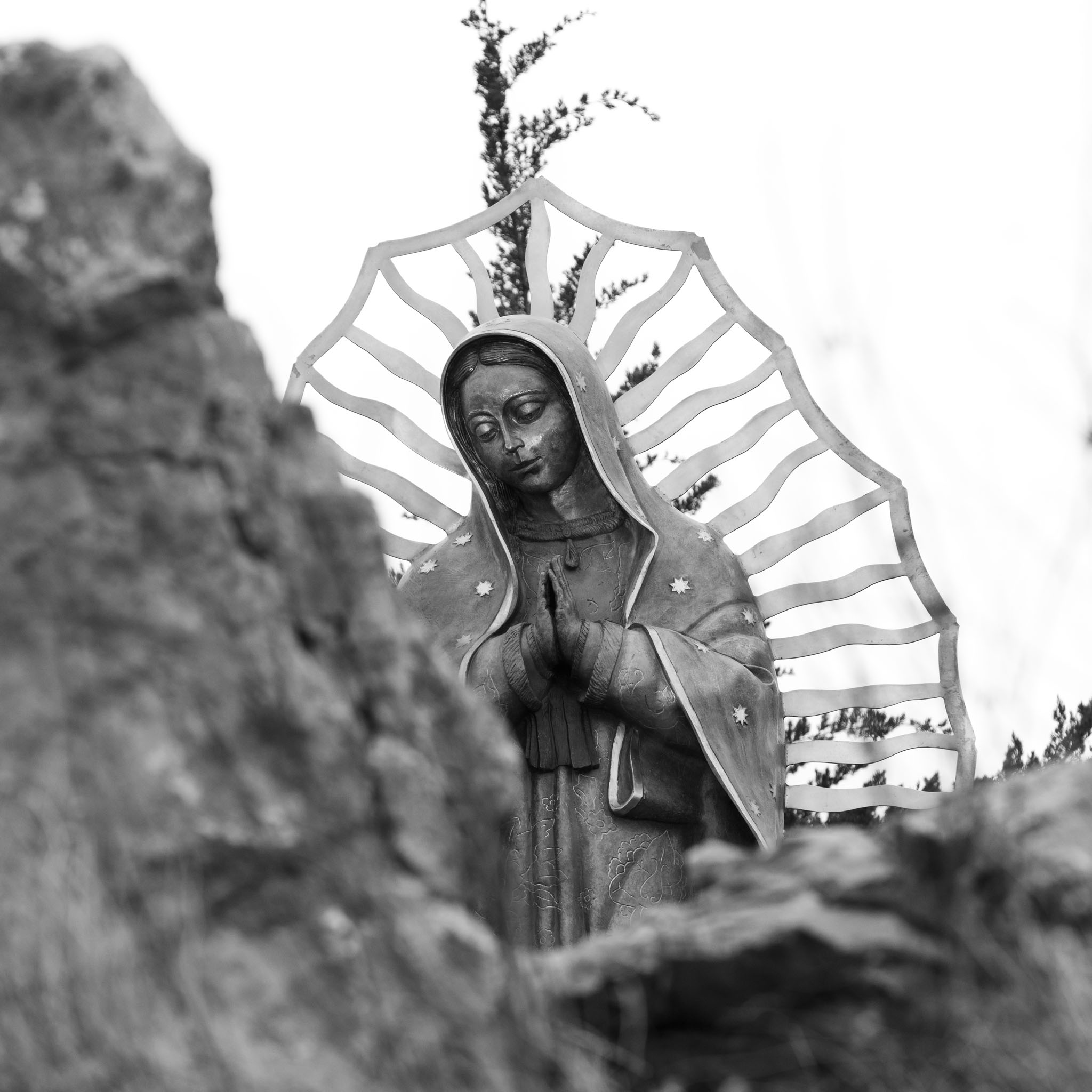 Statue of Our Lady of Guadalupe set among the rocks of Tepeyac Hill